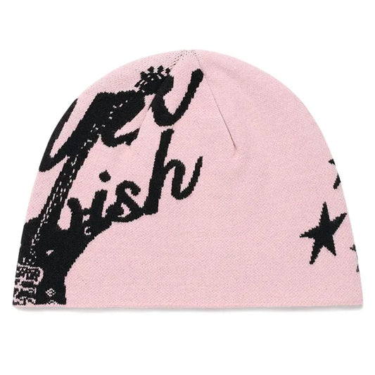 Pink knit hip hop beanie with black embroidered eiffel tower and get wish text for gothic kpop y2k streetwear