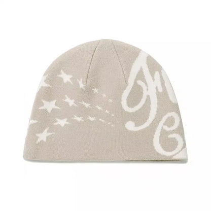Beige knit hip hop beanie with white star and script logo pattern perfect for gothic kpop y2k hats streetwear fashion