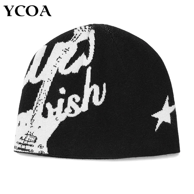 Black ycoa knit hip hop beanie featuring a white eiffel tower graphic and star for gothic kpop y2k streetwear hats