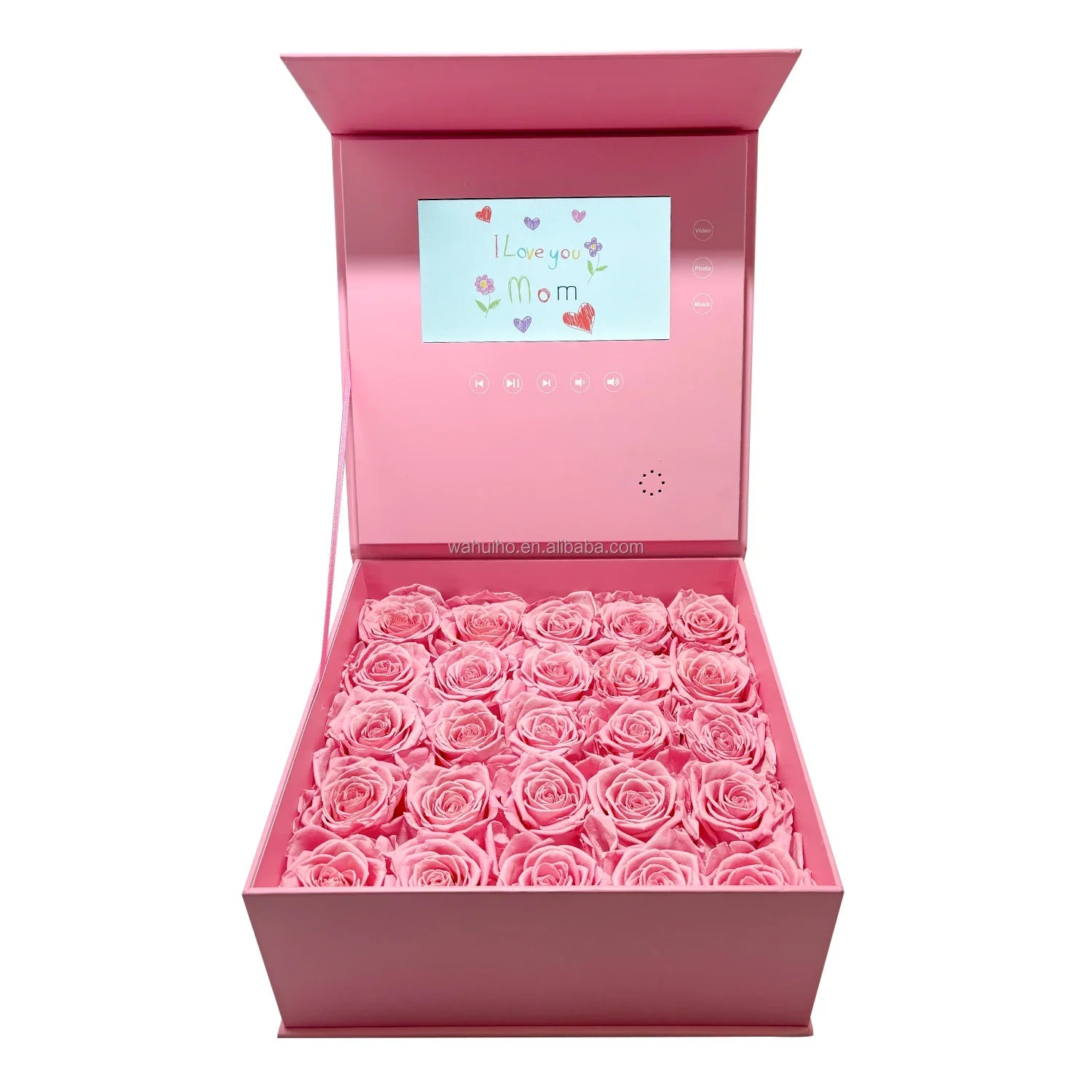 Pink rose luxury jewelry set box with built-in voice photo video screen for mothers day and valentine day elegant gift