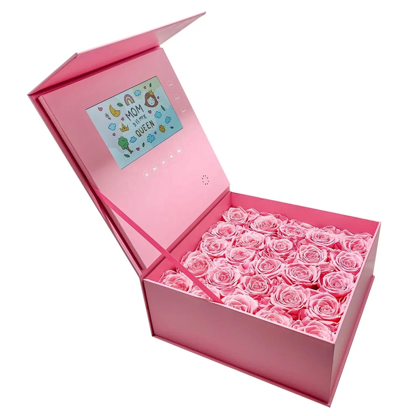 Pink luxury jewelry set gift box with preserved roses and voice photo video screen for mother’s day elegant gift