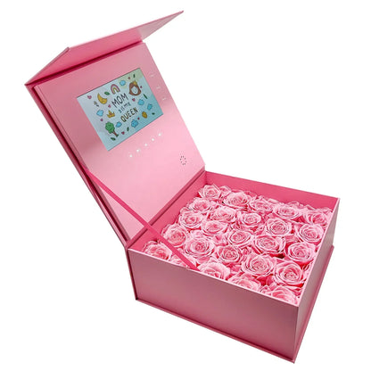Pink luxury jewelry set gift box with preserved roses and voice photo video screen for mother’s day elegant gift