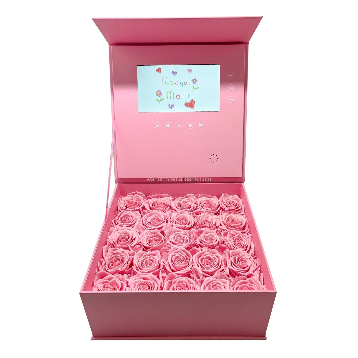 Pink rose box luxury jewelry set with built-in voice photo video screen for mother’s day and valentine’s day elegant gift