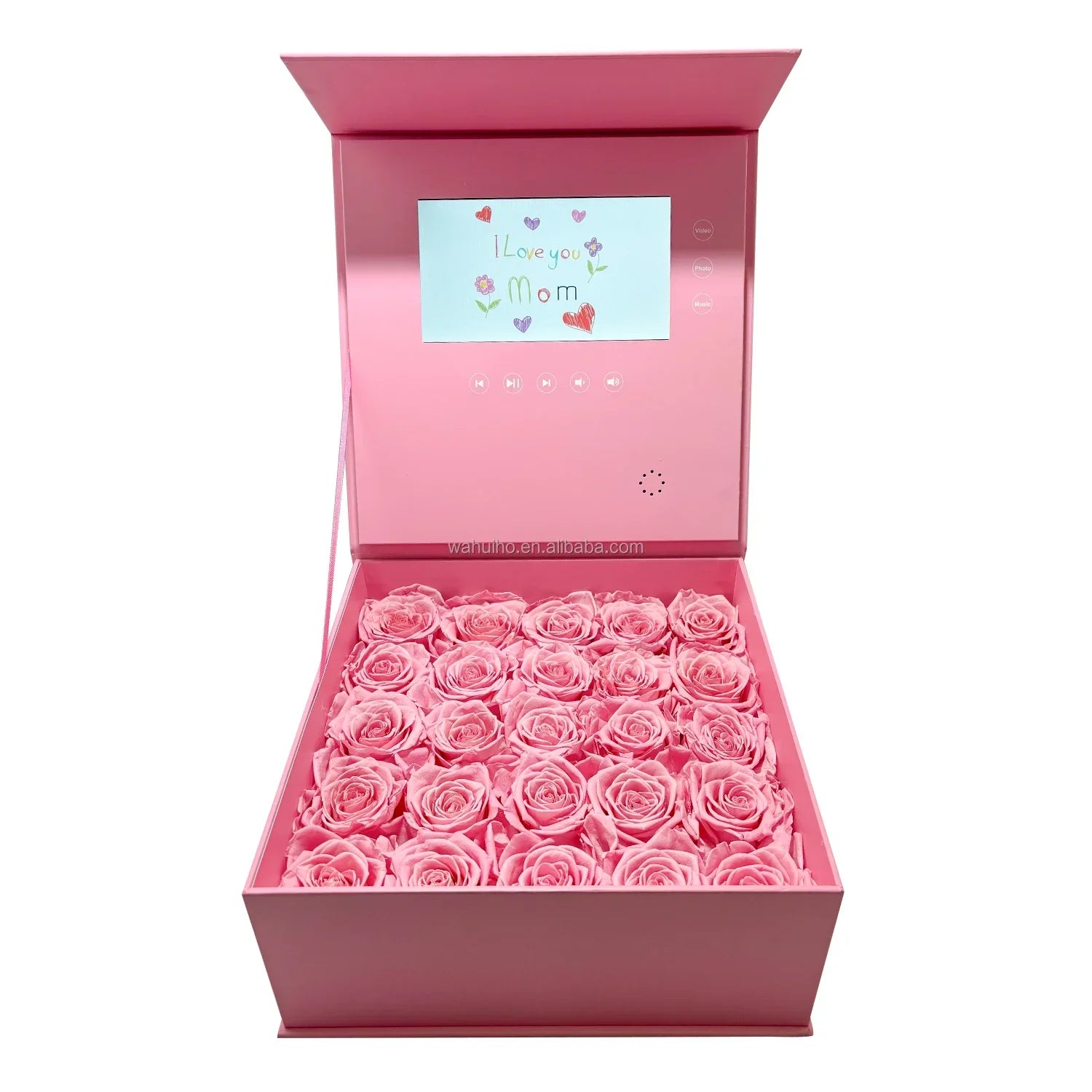 Pink rose box luxury jewelry set with built-in voice photo video screen for mother’s day and valentine’s day elegant gift