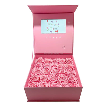 Pink rose box luxury jewelry set with built-in voice photo video screen for mother’s day and valentine’s day elegant gift