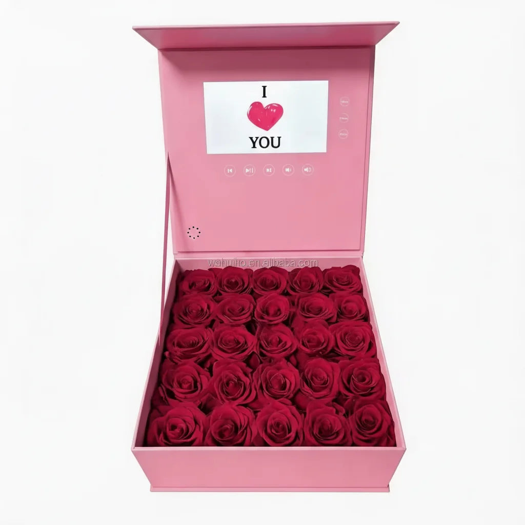 Pink box luxury jewelry set with vibrant red roses and voice photo video screen displaying i heart you for elegant gift