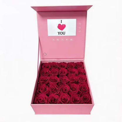Pink luxury jewelry set gift box with vibrant red roses and voice photo video screen for mother’s day elegant gift