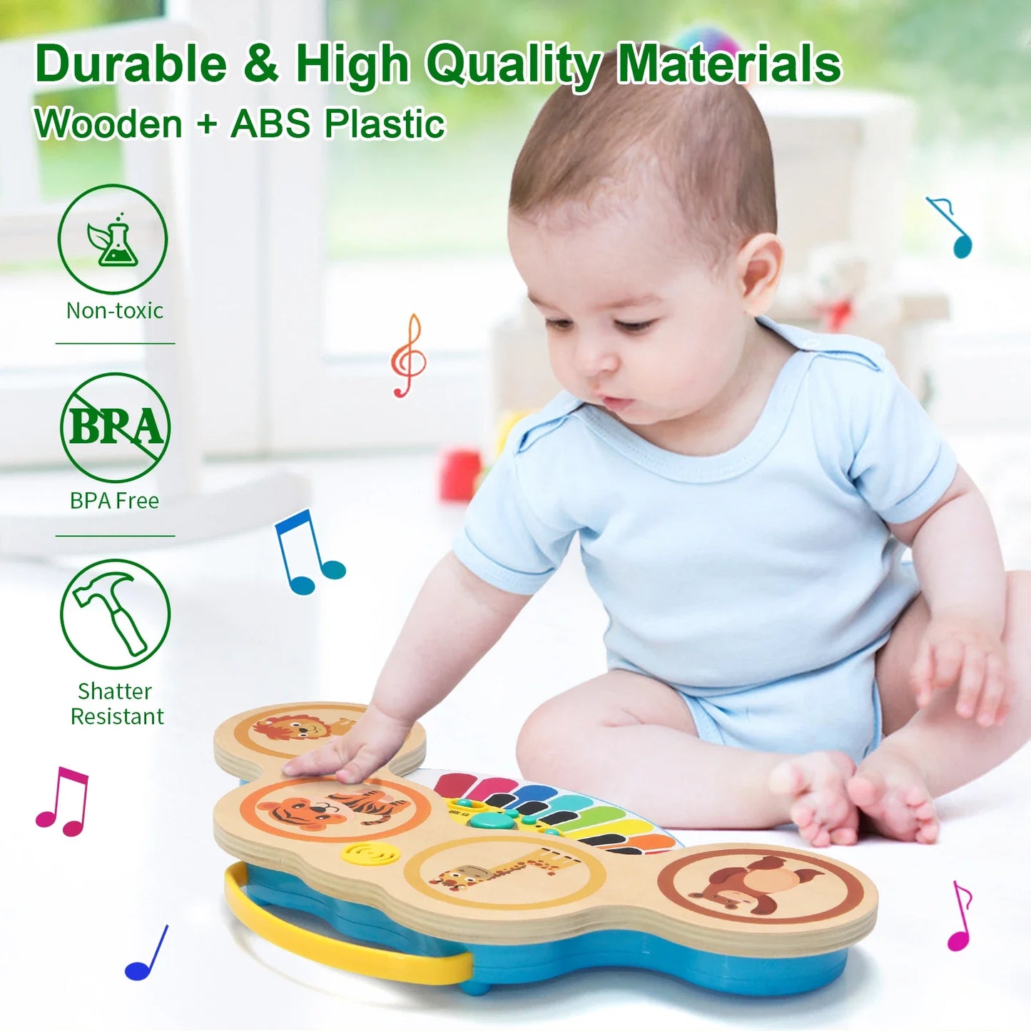 Wooden 2in1 keyboard piano clapping drum with colorful abs plastic animal keys educational baby toy