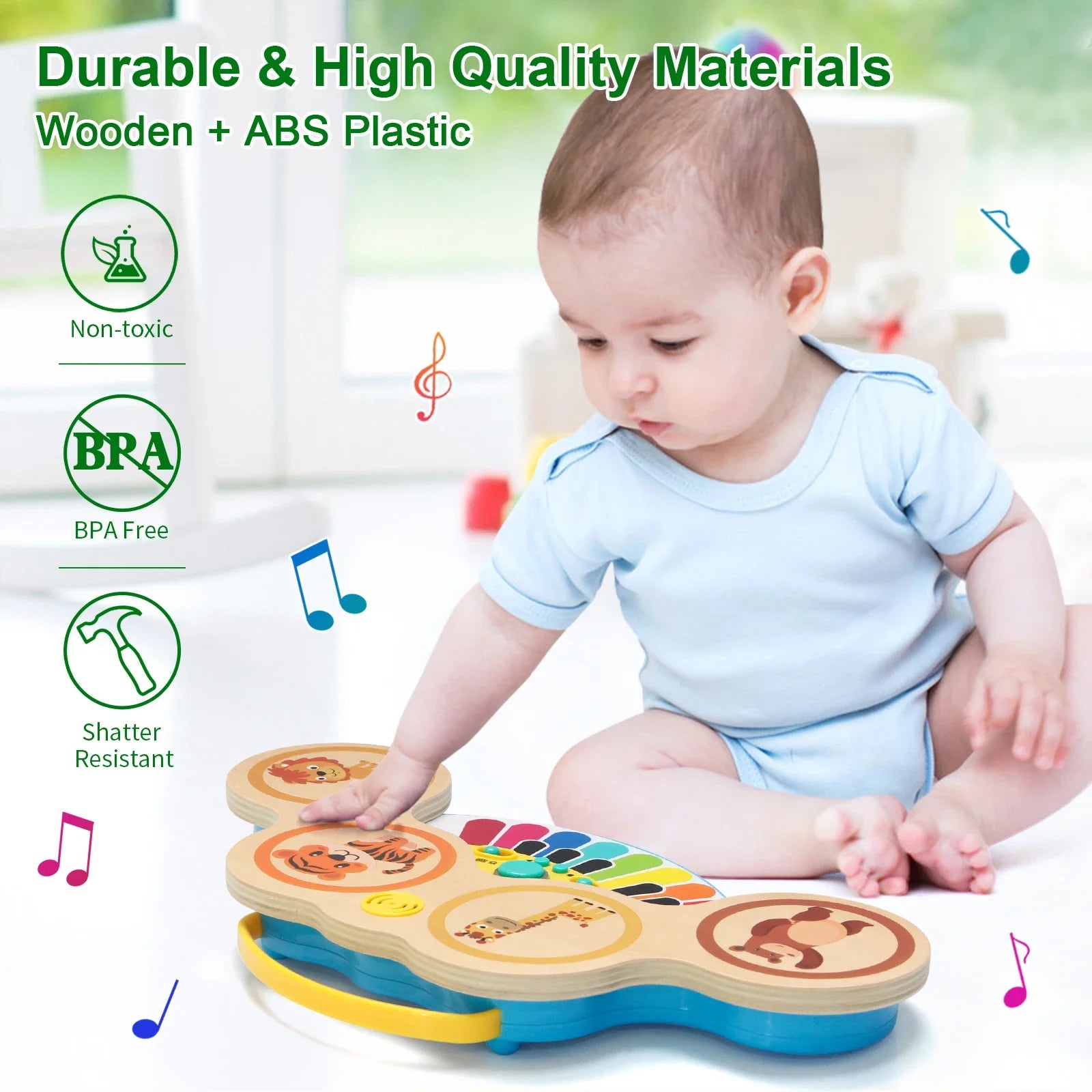 Wooden 2in1 keyboard piano clapping drum with colorful abs plastic animal keys educational baby toy