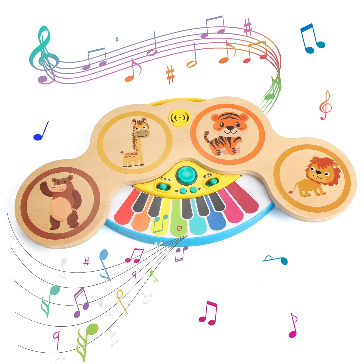 Wooden 2in1 keyboard piano clapping drum with colorful keys and animal-themed buttons for baby educational play