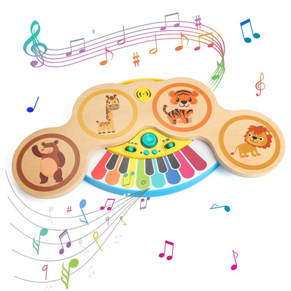 Wooden 2in1 keyboard piano clapping drum with colorful keys and animal-themed buttons for baby educational play