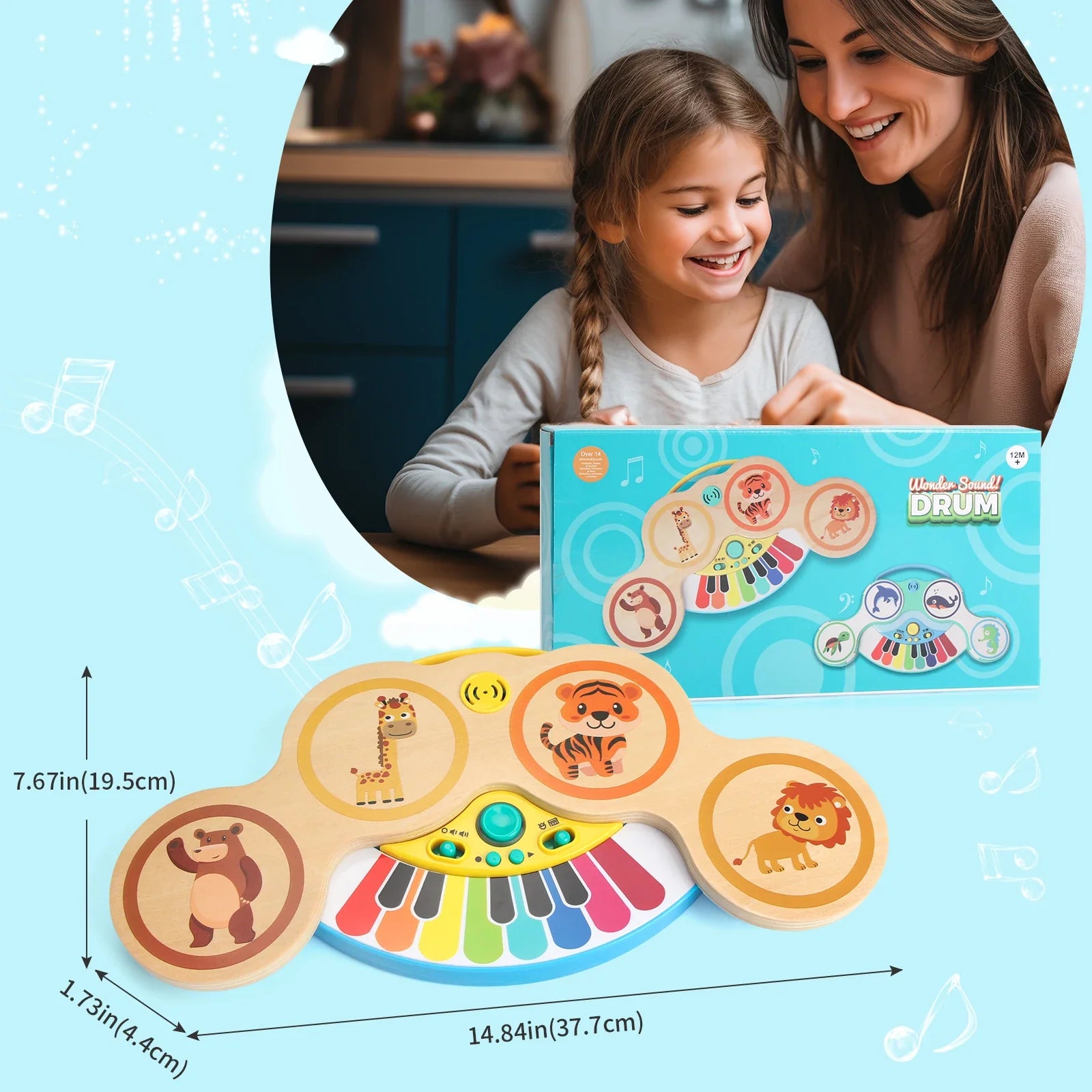 Wooden 2in1 keyboard piano clapping drum with colorful keys and animal-themed pads for educational baby toys