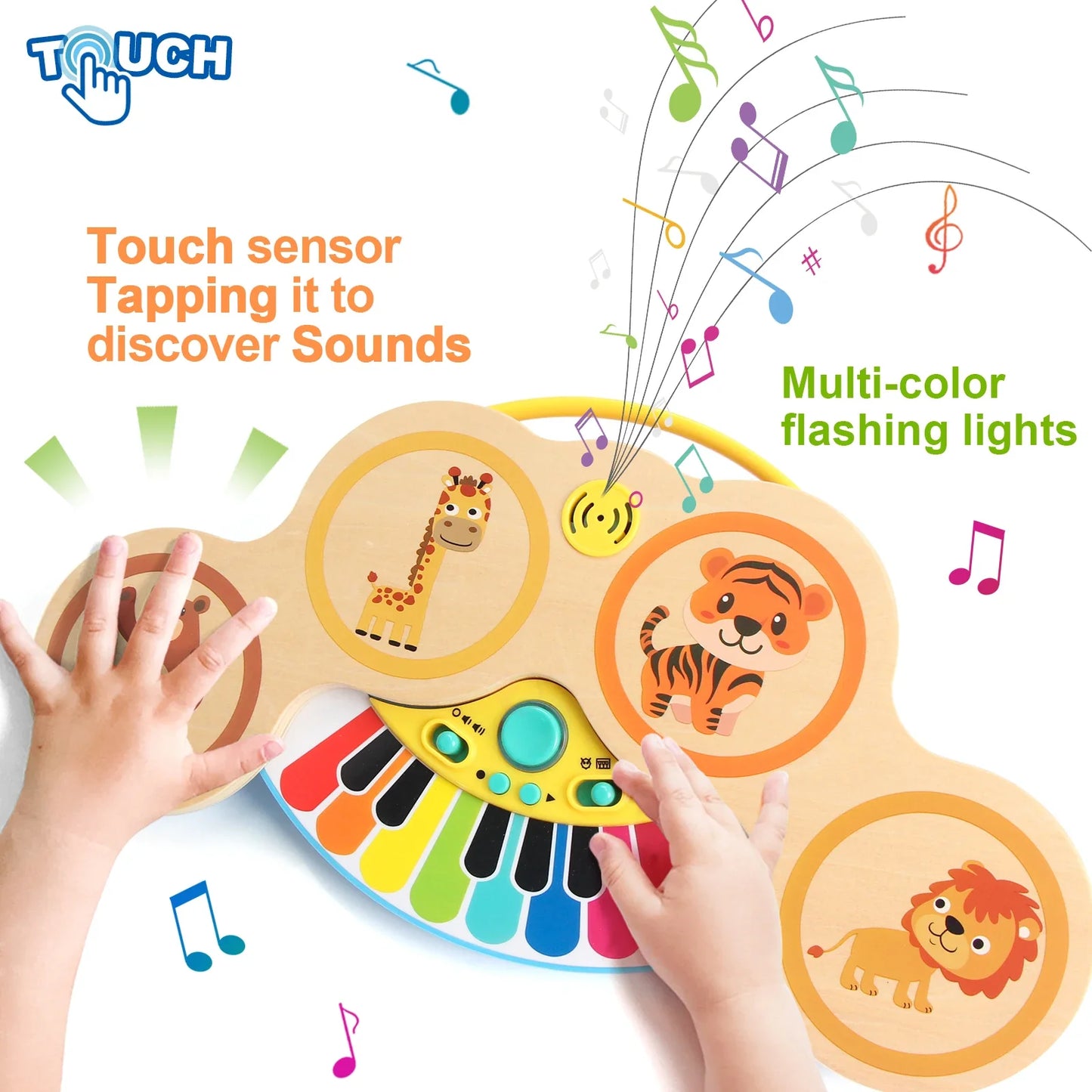 Wooden 2in1 keyboard piano clapping toy with colorful piano keys and animal-themed pads for educational baby gifts