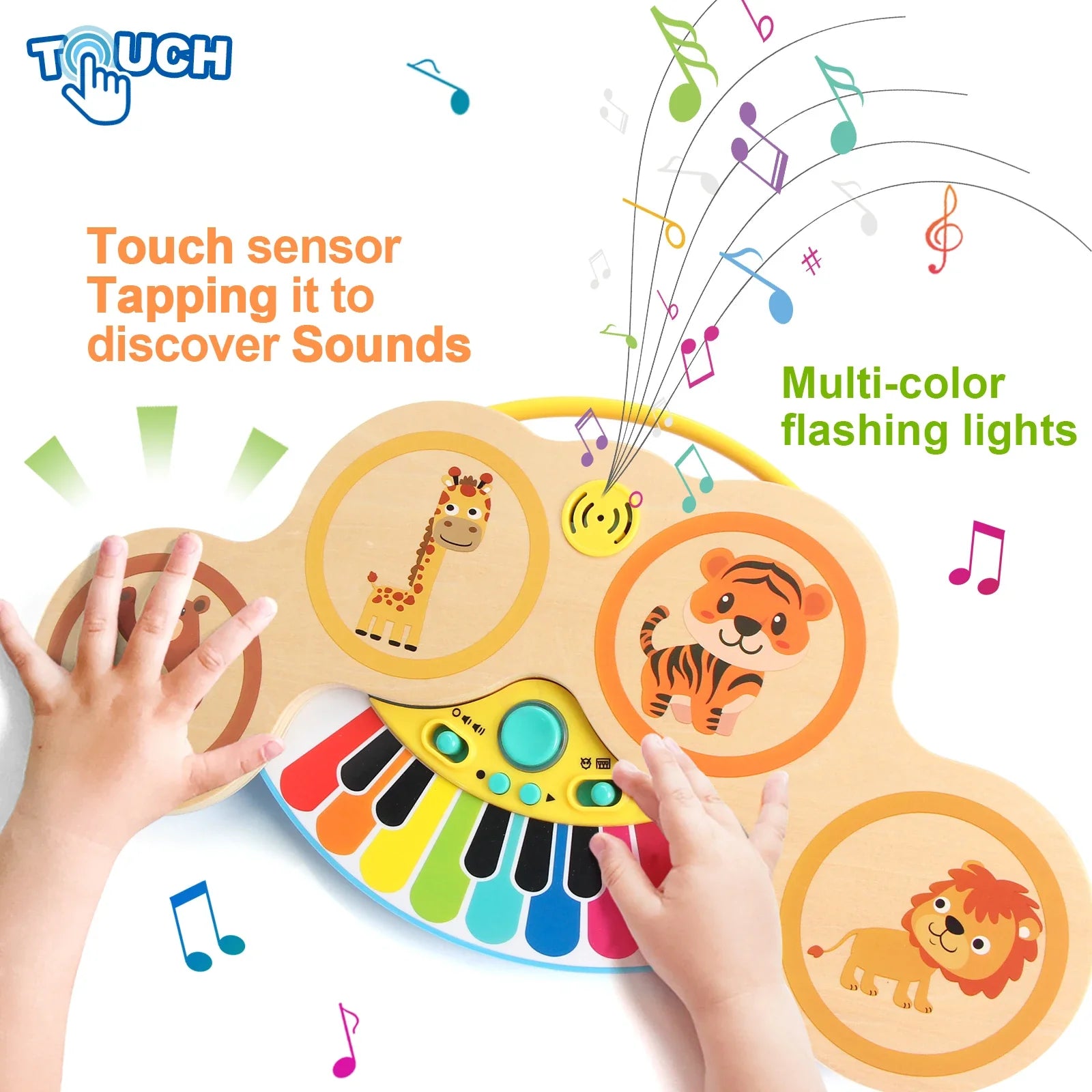 Wooden 2in1 keyboard piano clapping toy with colorful piano keys and animal-themed pads for educational baby gifts