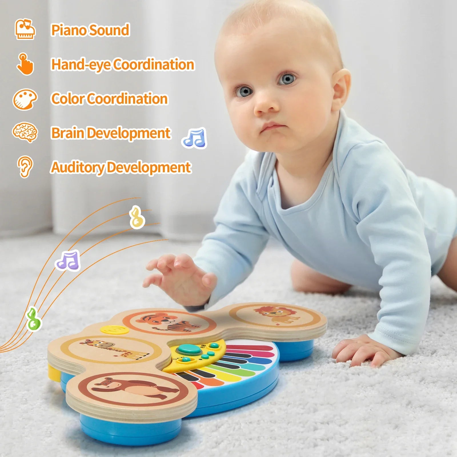 Colorful wooden 2in1 keyboard piano with animal-themed keys and blue base for educational baby gifts