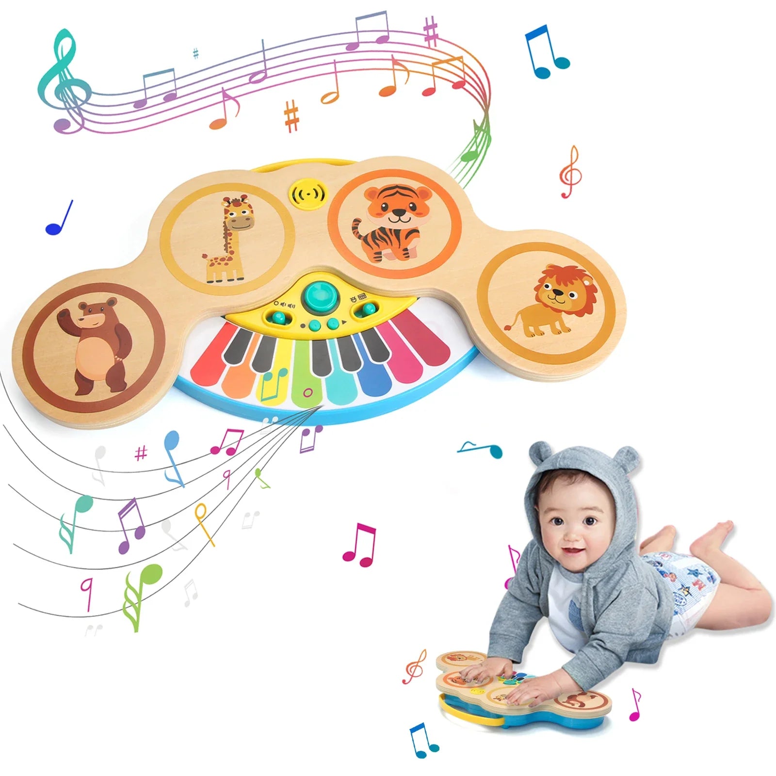 Wooden 2in1 keyboard piano clapping drum toy with colorful keys and animal-themed buttons for educational use