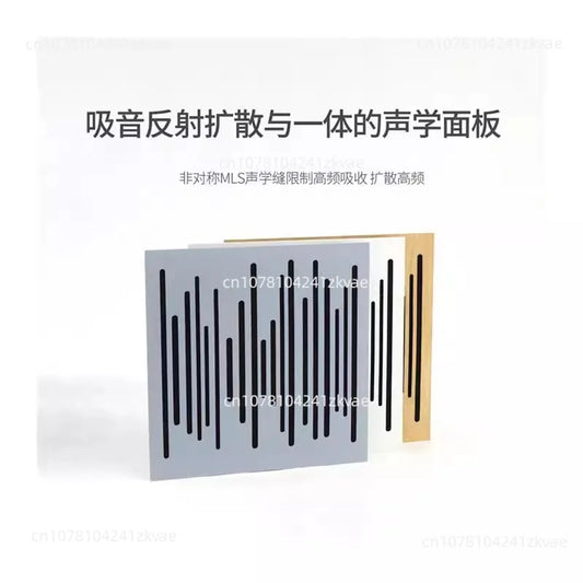 Gray wooden absorbent diffusion panel hifi with vertical black slats alongside white and gold versions for reducing echo reverb