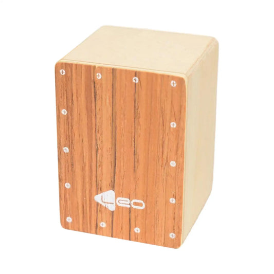 A light brown wooden cajon box drum with natural wood grain and leo logo for home stage performance wood percussion instrument