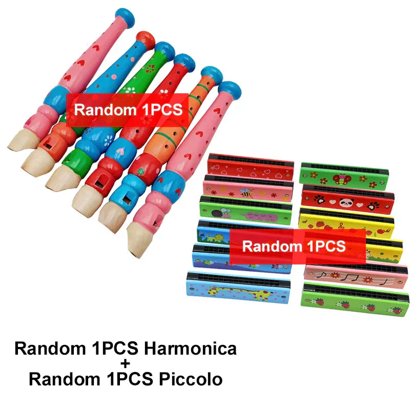 Colorful wooden cartoon piccolo and harmonica toys musical instruments designed for early music education and play