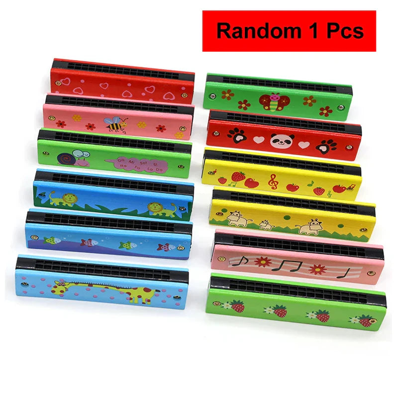 Colorful wooden cartoon piccolo and harmonica toys musical instruments with animal and fruit designs for early music education