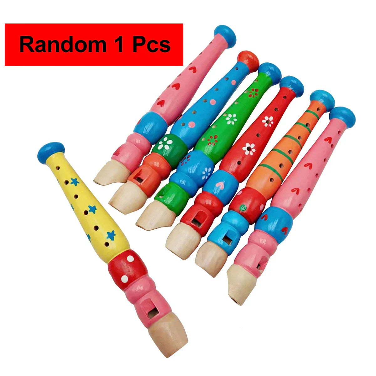 Colorful wooden cartoon piccolo and harmonica toys musical with floral patterns for early music education