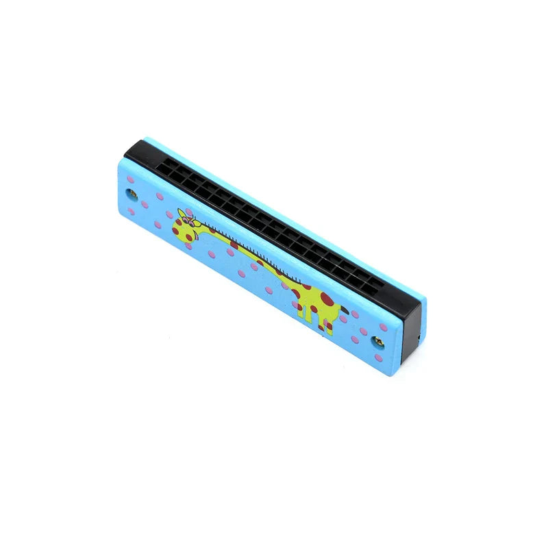 Light blue plastic harmonica toy with yellow giraffe and pink polka dots for early music education harmonica toys musical