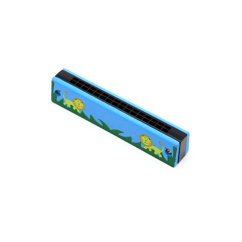 Blue wooden cartoon piccolo harmonica toy with yellow lion illustrations on grass for early music education