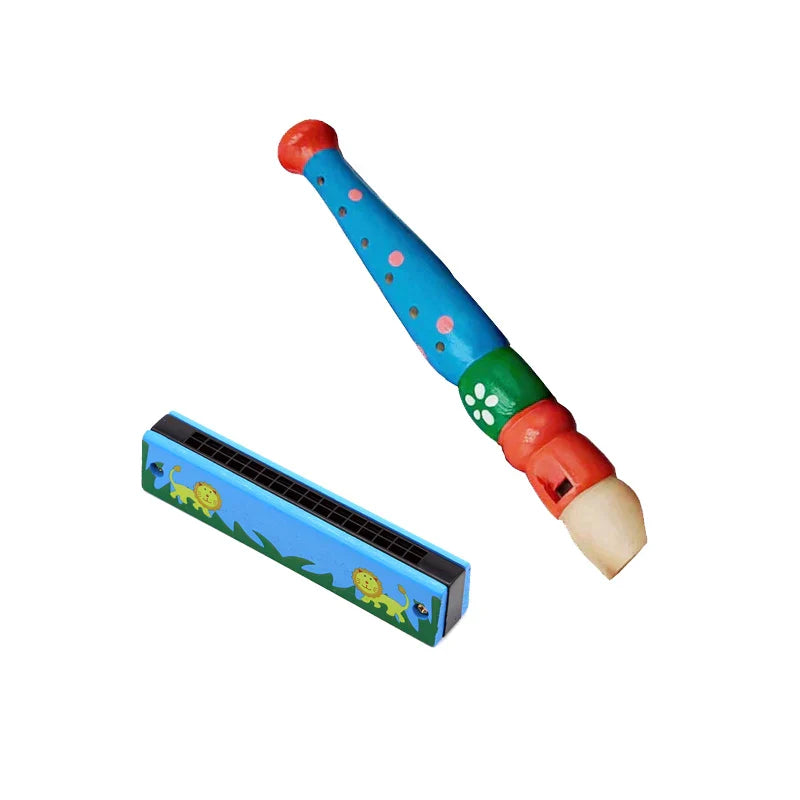 Colorful wooden cartoon piccolo harmonica toy with lion design and blue polka dot handle for early music education