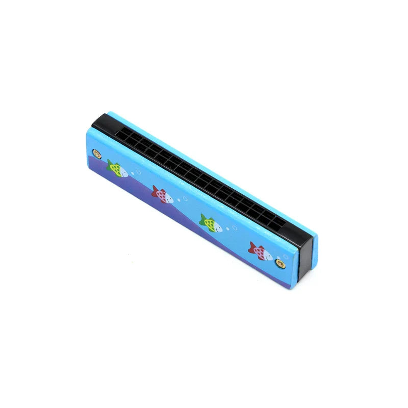 Blue plastic harmonica toy with colorful cartoon fish designs and black reeds for harmonica toys musical early music education