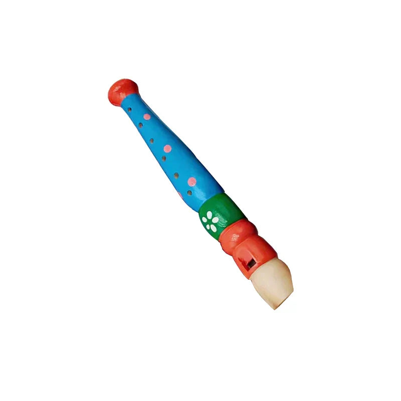 Colorful hand-painted wooden cartoon piccolo with blue, green, and red accents for early music education and harmonica toys musical use