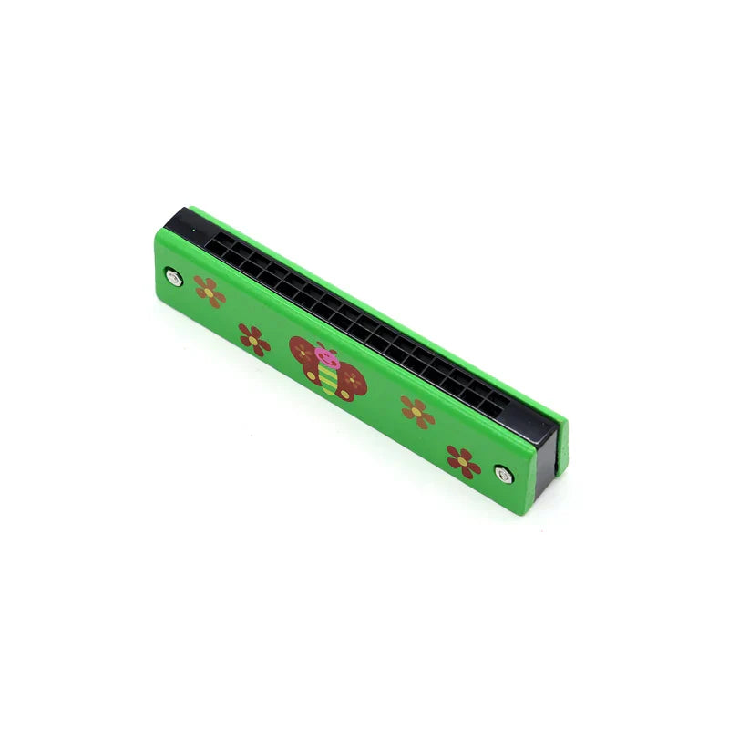 Green wooden cartoon piccolo harmonica toy with butterfly and flower decals for early music education