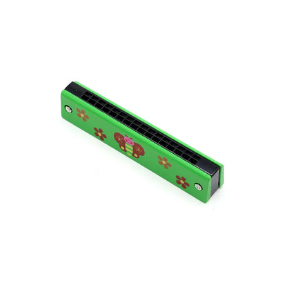 Green wooden cartoon piccolo harmonica toy with butterfly and flower decals for early music education