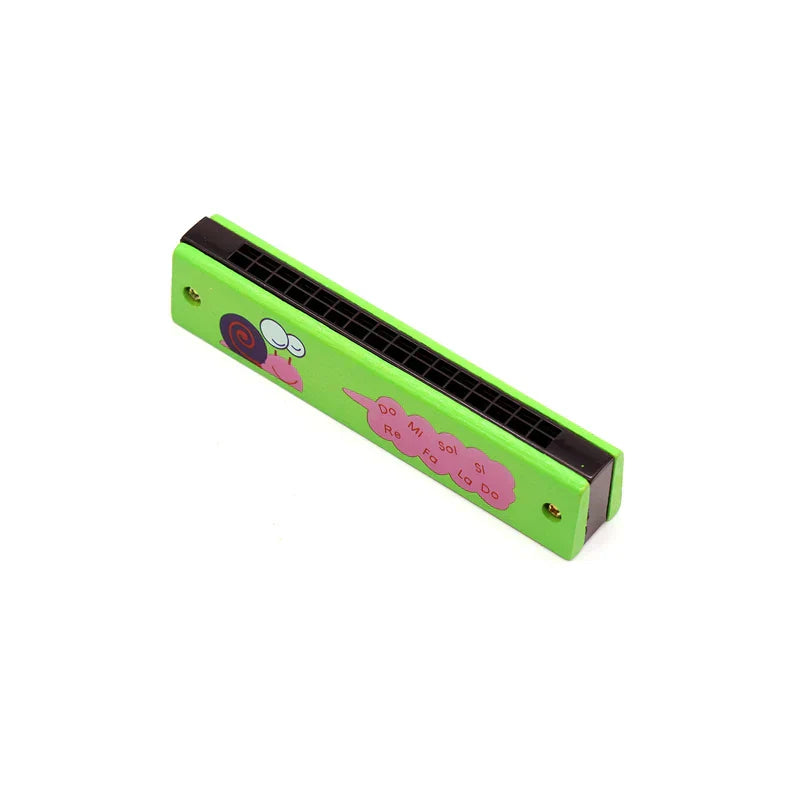 Bright green harmonica toy with cartoon snail and pink musical note decals for early music education