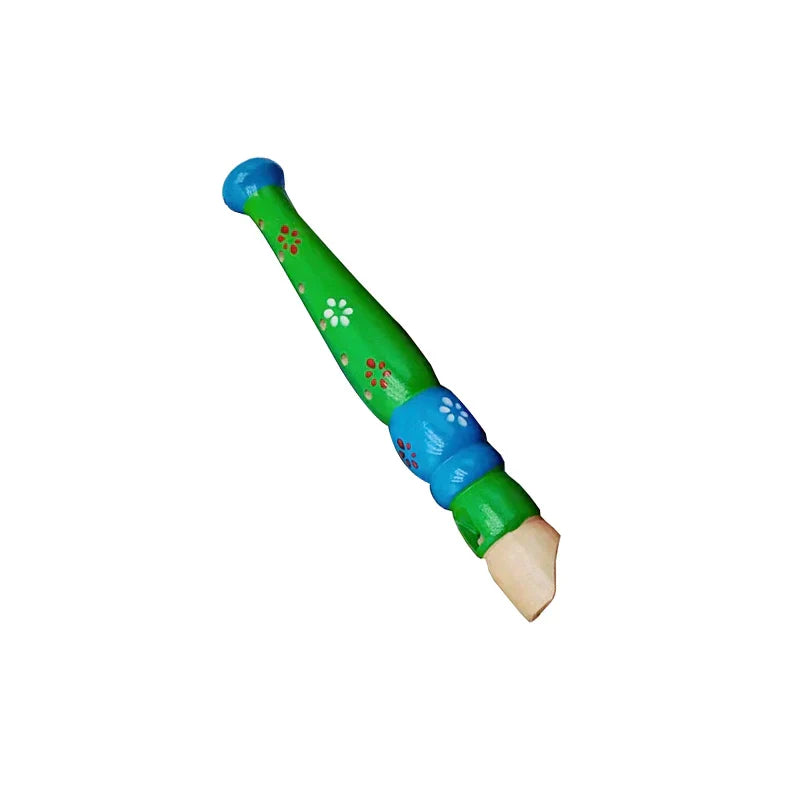 A hand-painted wooden cartoon piccolo toothpick holder in green with white and brown floral patterns for early music education