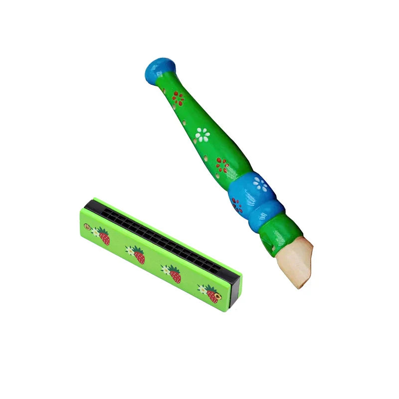 Green wooden harmonica toy with strawberry and flower decals and matching hand-carved handle for early music education