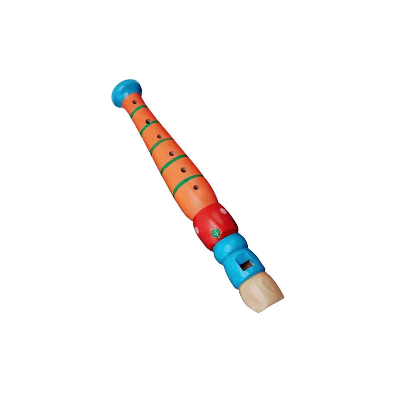 Colorful wooden cartoon piccolo with orange body blue ends and red accents for early music education and harmonica toys musical use