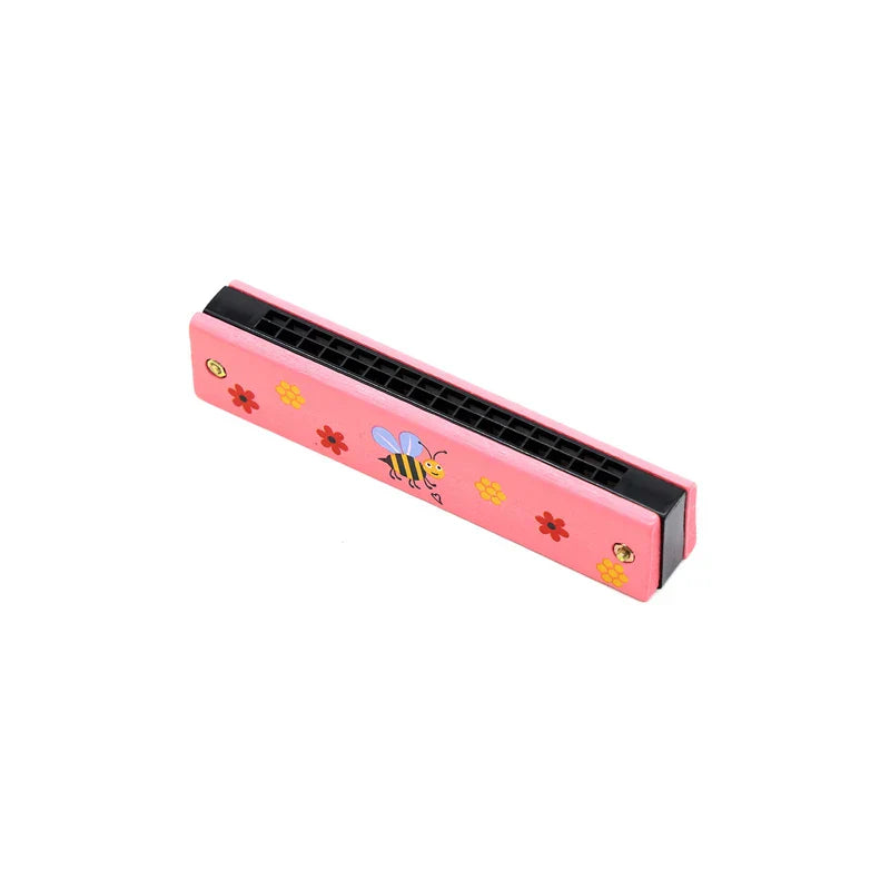 Pink wooden cartoon piccolo harmonica toy with bee floral design for early music education and harmonica toys musical use