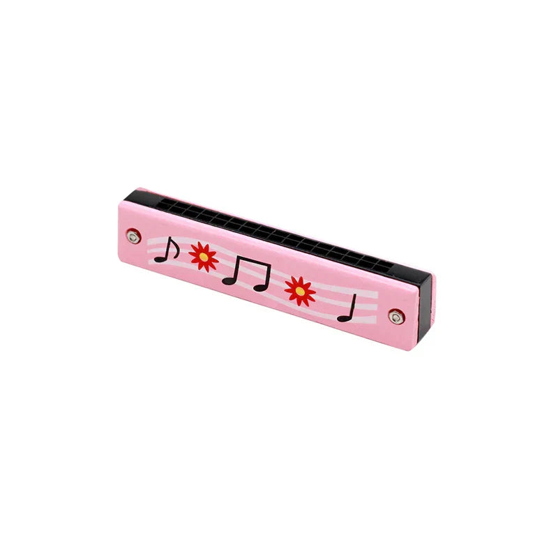 Pink harmonica toy with black reed plate and red floral music note decals for early music education and harmonica toys musical