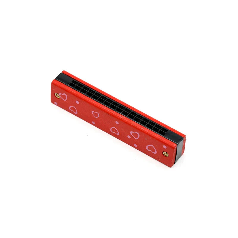 Red heart-patterned harmonica toy with black mouthpiece and gold screws for early music education and harmonica toys musical use