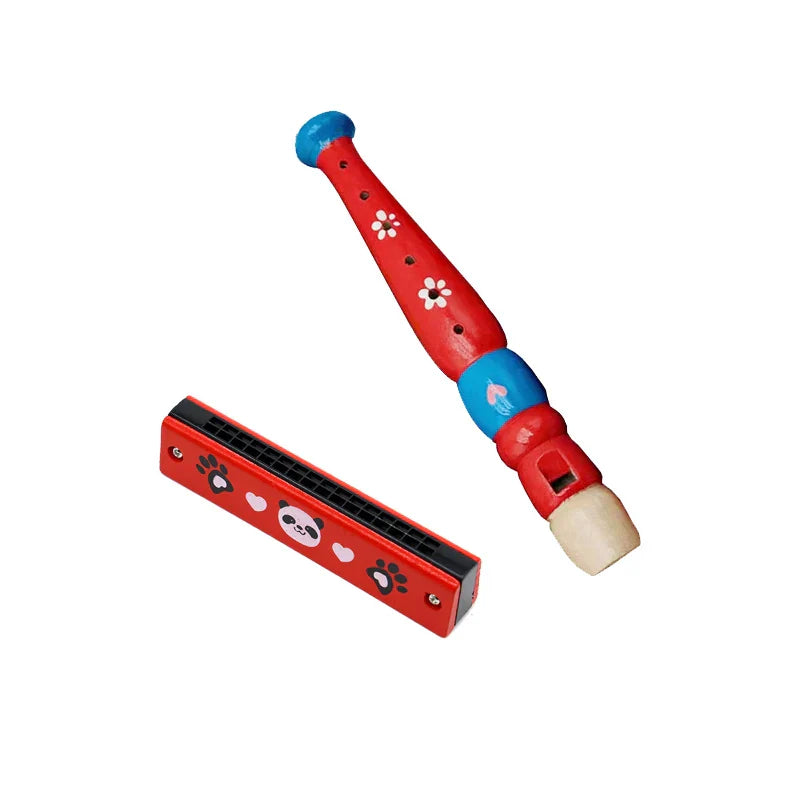 Red wooden cartoon piccolo and harmonica toys musical set with panda and flower decals for early music education