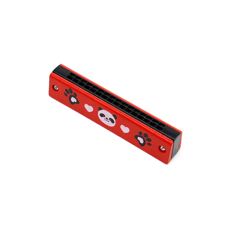 Red plastic harmonica toy with black accents and panda face design for early music education and harmonica toys musical use