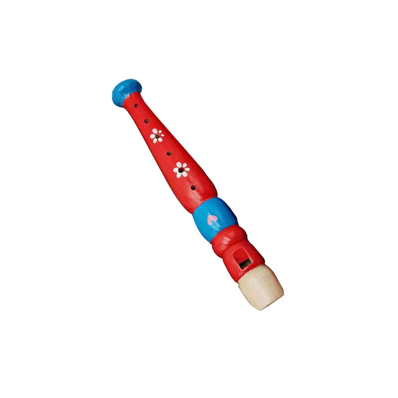 A vibrant red and blue wooden cartoon piccolo with white floral decals and wooden mouthpiece for early music education