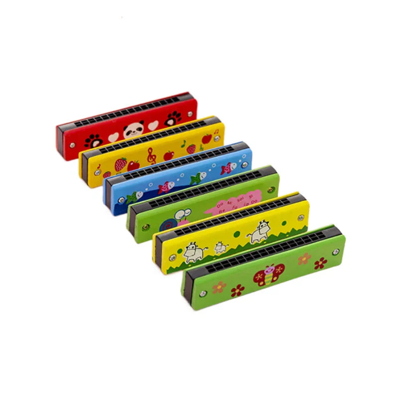 Colorful wooden cartoon piccolo and harmonica toys musical instruments with playful designs for early music education