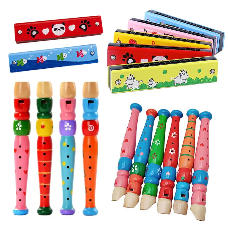 Colorful wooden cartoon piccolo and harmonica toys musical instruments with painted designs for early music education