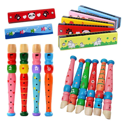 Colorful wooden cartoon piccolo and harmonica toys musical instruments with painted designs for early music education