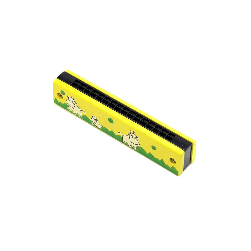 Bright yellow wooden cartoon piccolo harmonica toy with playful cow design for early music education