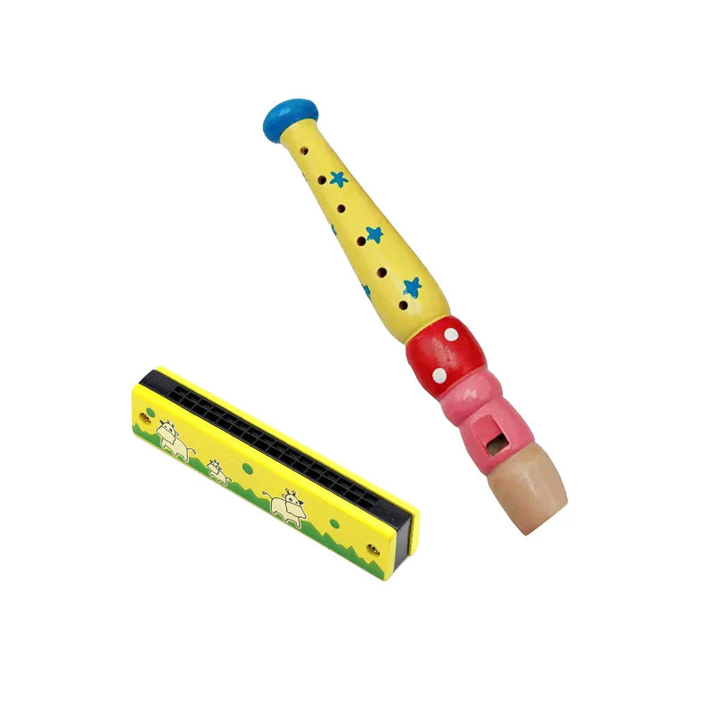 Yellow wooden cartoon piccolo and harmonica toys musical with cow design for early music education children