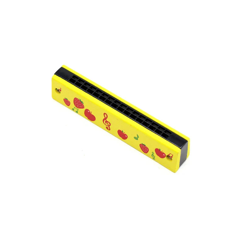 Bright yellow 16-hole harmonica toy with red strawberries and apples design for early music education and wooden cartoon piccolo play