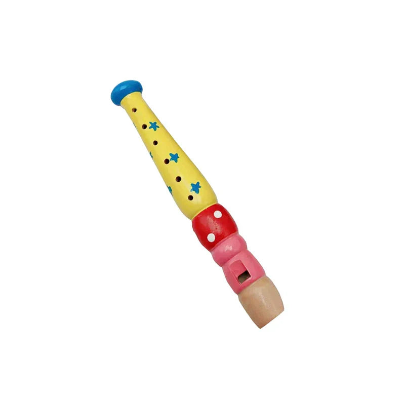 Colorful yellow wooden cartoon piccolo with blue stars and red mouthpiece for harmonica toys musical and early music education
