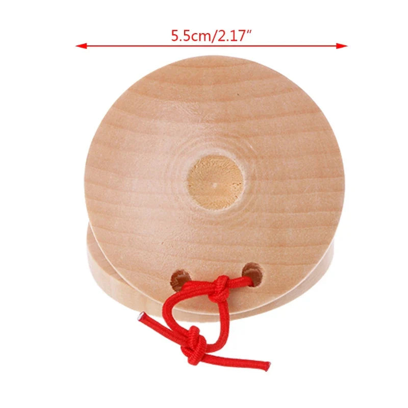 Light-colored wooden castanets wood percussion flamenco musical instrument kids toy with red string for toddlers